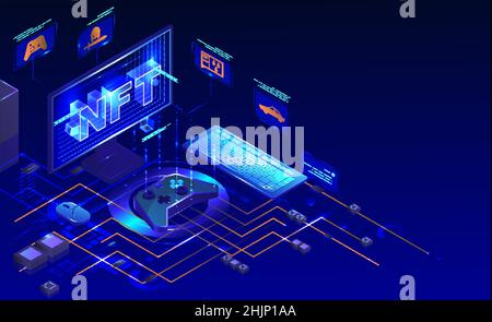 NFT pc video games, neon light vector isometric illustration. Non fungible token, NFT blockchain technology. Stock Vector