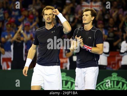 File photo dated 17-09-2016 of Great Britain's Andy Murray and Jamie Murray. Jamie Murray's Scotland-England clash featuring brother Andy has been rearranged for December. Issue date: Monday January 31, 2022. Stock Photo