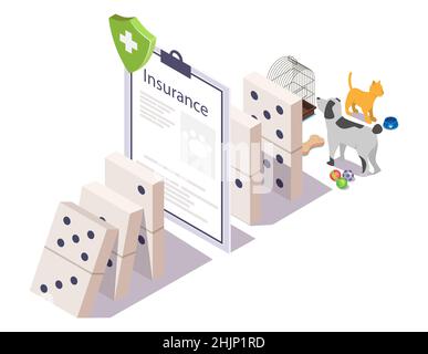 Pet insurance policy stopping domino effect, vector isometric illustration. Animal health insurance for cats and dogs. Stock Vector