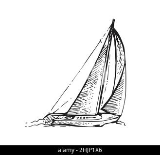 Sailing yacht floats on waves. Small ship for recreation and travel. Outline sketch. Hand drawing isolated on white background. Vector Stock Vector