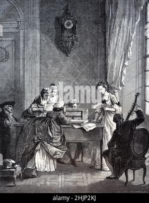 Music Lesson, Pianist & Music Teacher Engraving of Painting by Armand Leleux. 1865 Illustration or Engraving Stock Photo