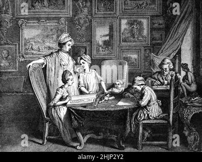 Daniel Chodowiecki (1726-1801) German Painter & Printmaker at Home in Berlin Germany with his five children, three daughters, Jeannette, Suzanne and Henriette, and two sons, Guillaume and Isaac-Henri. Illustration or Engraving by Chodowiecki c1773. Stock Photo
