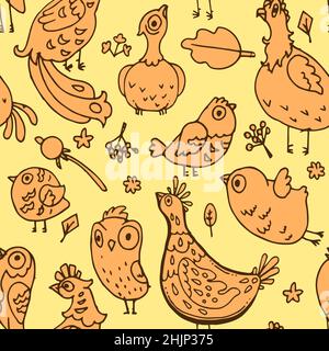 Funny bird in style of doodles. Seamless pattern. Fabulous cartoon character. Outline sketch. Hand drawing Vector Stock Vector