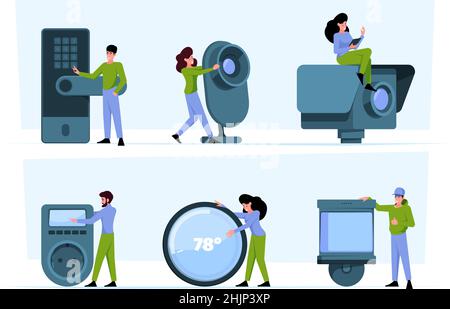 Comfortable home. Concept scenes smart house systems climate control vacuum sensors detection central lock garish vector people lifestyle Stock Vector