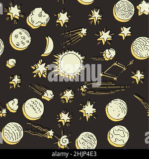 Dark Space background. Seamless pattern. Planets and stars. Beautiful space object. Simple doodle drawing in childish style. Outline sketch. Hand Stock Vector