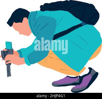 man squats and takes photo on smartphone using stabilizer Stock Vector