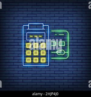 Vector POS credit card, banking terminal, payments methods neon sign. Stock Vector