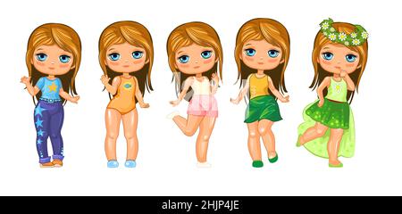 Cute little girl doll with blue eyes. Fun cartoon style. Set of characters in different clothes and poses. Object isolated on white background. Vector Stock Vector