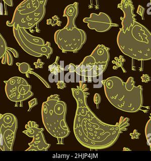 Funny bird in style of doodles. Seamless pattern. Fabulous cartoon character. Outline sketch. Hand drawing Vector Stock Vector