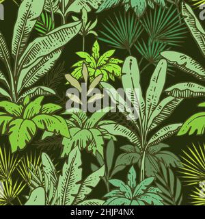 Tropical grass and plant thickets. Green seamless pattern. Summer landscape. Hand drawing outline. Sketch of exotic plants. Vector Stock Vector