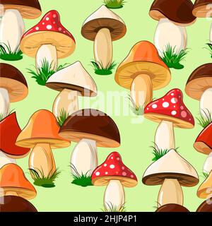 Different colored mushrooms in a cartoon style. Green seamless pattern. Vector Stock Vector