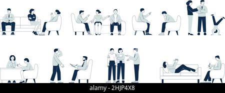 Group therapy. Psychologist and person on sofa, people on psychotherapist. Family psychotherapy, characters on support session recent vector set Stock Vector