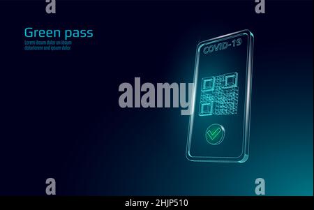 COVID-19 Green Pass QR-code 3D concept. Phone app screen health passport mobile app certificate. Safe travel coronavirus immunization poster vector Stock Vector