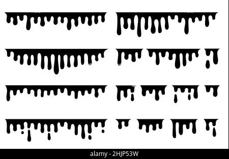 Black dripping elements. Drop melt ink, melted flows. Liquid graffiti, isolated fluid borders. Sauce or sweet chocolate decent vector set Stock Vector