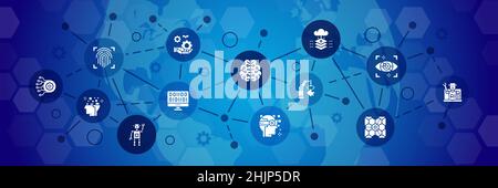 Artificial Intelligence vector icons illustration. Robotics, Chatbot, Database, Big Data typography banner with promotion line icons. Stock Vector