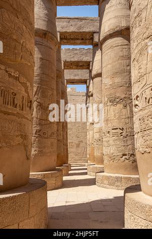 View of the main axis of the Hypostyle Hall with its twelve large columns, and the smaller columns. Stock Photo