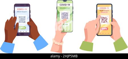 Qr certificate. Vaccination code application for smartphone safety tourism travel trip infected sign legal abroad garish vector personal id Stock Vector