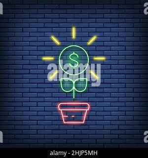 Vector money tree, financial investments, save money neon sign. Stock Vector
