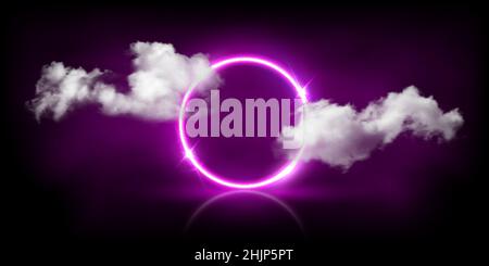 Neon light circle frame glowing among soft clouds in dark sky vector illustration. 3d realistic round ring of electric pink neon color and bright spar Stock Vector
