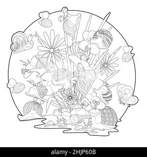 Summer cartoon coloring page. Cute snails, bees and butterfly on flower bed. Stock Vector