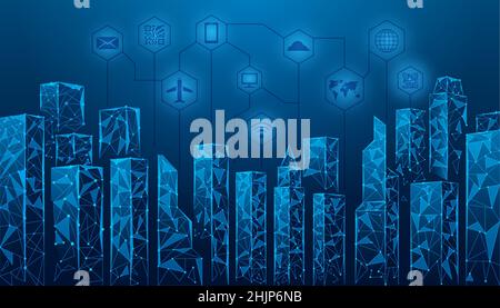 Technology city background. Futuristic skyscraper, smart blue buildings polygons. Big urban networking, internet architecture exact vector digital Stock Vector
