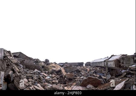 Concrete wreckage of a destroyed building isolated on a white ...