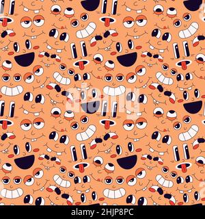 Seamless pattern of faces with different emotions on an orange background in the cartoon style of the 70s Stock Vector