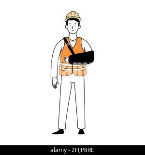 Worker with injury bandage arm. Fall accident on work. Doodle line style character. Vector illustration. Stock Vector