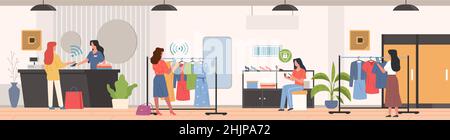 Radio frequency identification. Shopping with RFID technology, women in clothing store pay checkout, check labels by codes, business automatization Stock Vector