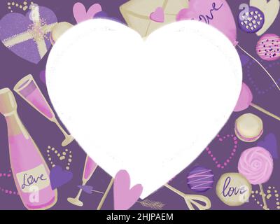 Heart frame with love background illustration in pink purple color Stock Photo