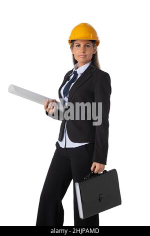 Female business woman architect in suit and yellow hardhat holding blueprints isolated on white background Stock Photo