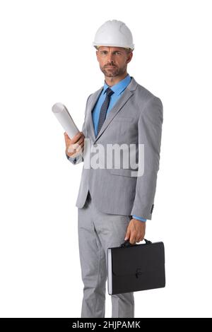 Male construction architect in formal suit and hardhat with rolled blueprints looking at camera isolated on white background Stock Photo