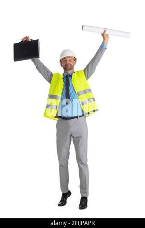 safety helmet with rolled blueprints and construction plans Stock Photo ...