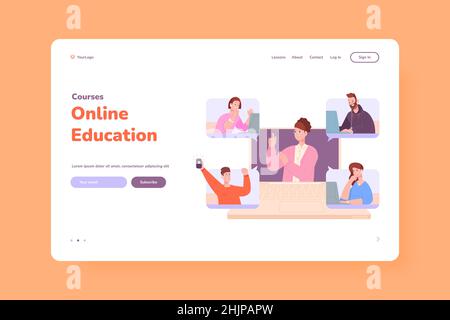 Online training in headphones. Elearning on laptop, students study at teacher computer, virtual education streaming pc lesson university job, vector illustration. Elearning online training at computer Stock Vector