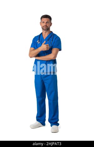cardiologist with thumb up isolated on white. cardiologist in studio ...