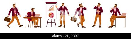 Business man in a suit and tie.Set of figures at the table with a laptop in the office. Manager, office worker. Vector illustration in cartoon style Stock Vector