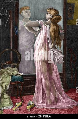 'Portrait de Nana fille de Gervaise Macquart puis celebre prostituee se regardant en deshabilledans le miroir' Illustration tiree de 'L'assommoir' d'Emile Zola 1884 Collection privee Stock Photo