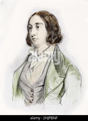 'Portrait de l'ecrivain George Sand (1804-1876) Aurore Dupin, Baronne Dudevant vetue a la garconne' Dessin de Louis Tesson (Portrait of french writer George Sand dressed like a man) Collection privee Stock Photo