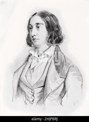 'Portrait de l'ecrivain George Sand (1804-1876) Aurore Dupin, Baronne Dudevant vetue a la garconne' Dessin de Louis Tesson (Portrait of french writer George Sand dressed like a man) Collection privee Stock Photo