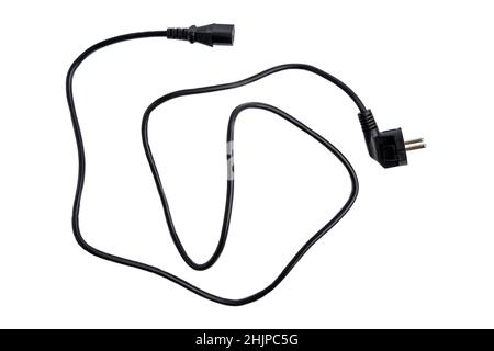 Power plug, computer power cord isolated on a white background. Connection and disconnection of electricity. Top view Stock Photo