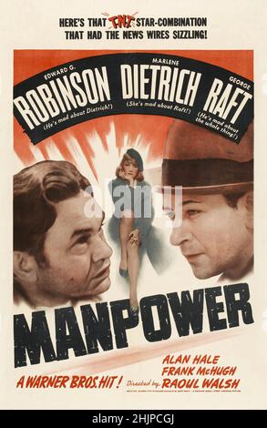 MARLENE DIETRICH, GEORGE RAFT and EDWARD G. ROBINSON in MANPOWER (1941), directed by RAOUL WALSH. Credit: WARNER BROTHERS / Album Stock Photo