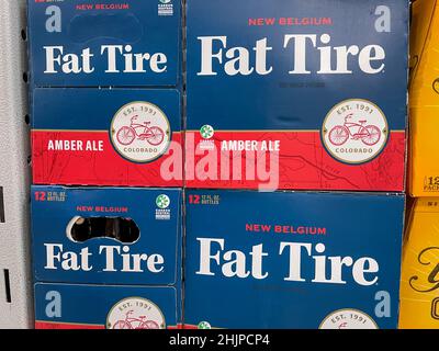 Orlando, FL USA - September 10, 2021: Cases of Fat Tire Amber Ale beer at a Sam's Club grocery store. Stock Photo