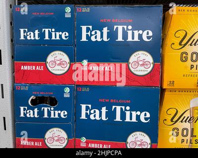 Orlando, FL USA - September 10, 2021: Cases of Fat Tire Amber Ale beer at a Sam's Club grocery store. Stock Photo