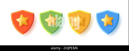 3d icons set of a shield with star in different colors, isolated Stock Vector