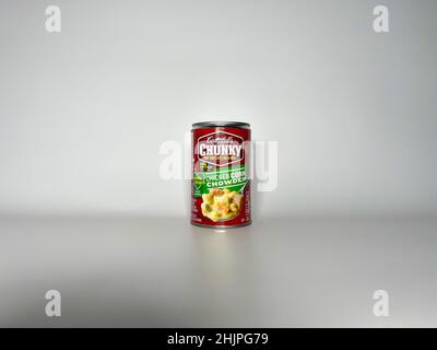 Orlando, FL USA - July 1, 2021:  A can of Campbells Chunky Chicken Corn Chowder  Soup on a white background. Stock Photo