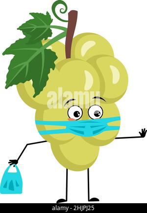 Grape character with sad emotions, face and mask keep distance, hands with shopping bag and stop gesture. Person with care expression, berry emoticon. Vector flat illustration Stock Vector