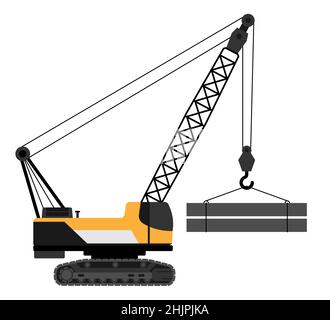 Heavy crane for moving heavy loads on construction site in flat. Industrial machinery and equipment. Vector Isolated on white back Stock Vector