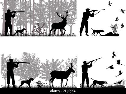 Man with dog is hunting for deer, pronghorn, ducks and pheasants Stock Vector