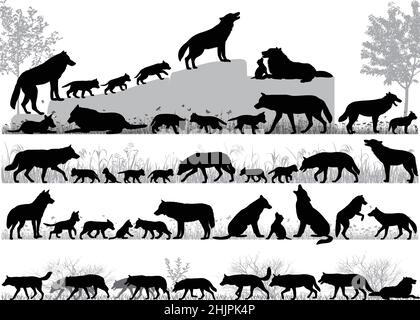 Silhouettes of wolves and its cubs outdoors Stock Vector