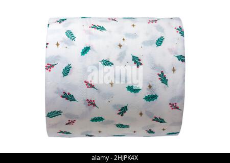 M&S Christmas Toilet Paper 3-ply super soft with a delightful Christmas pattern set on white background - toilet paper on roll with Christmas designs Stock Photo
